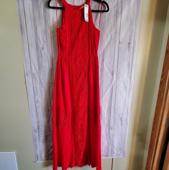 Skies are Blue.  Kinsey crochet detail maxi dress. Red sz small.  NWT - Picture 1 of 11